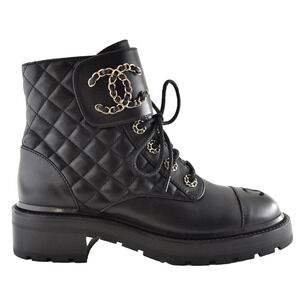 Chanel 21A Black Quilted Gold CC Chain Combat Lace Up Tie Ankle Short Boots 35
